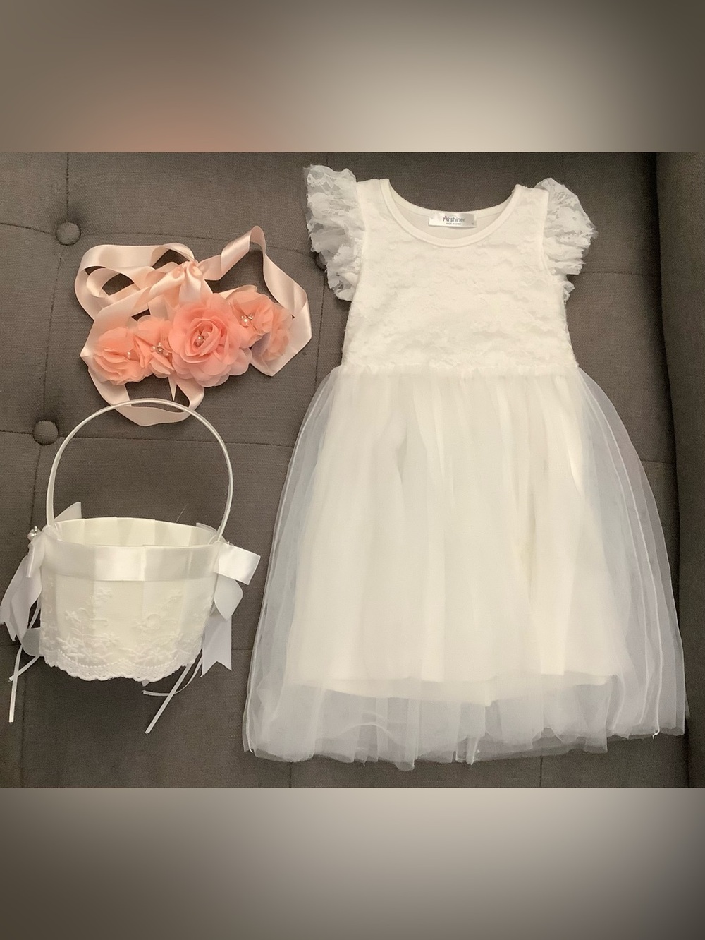 2T-3T toddler flower girl white dress pink flower belt sash basket set wedding